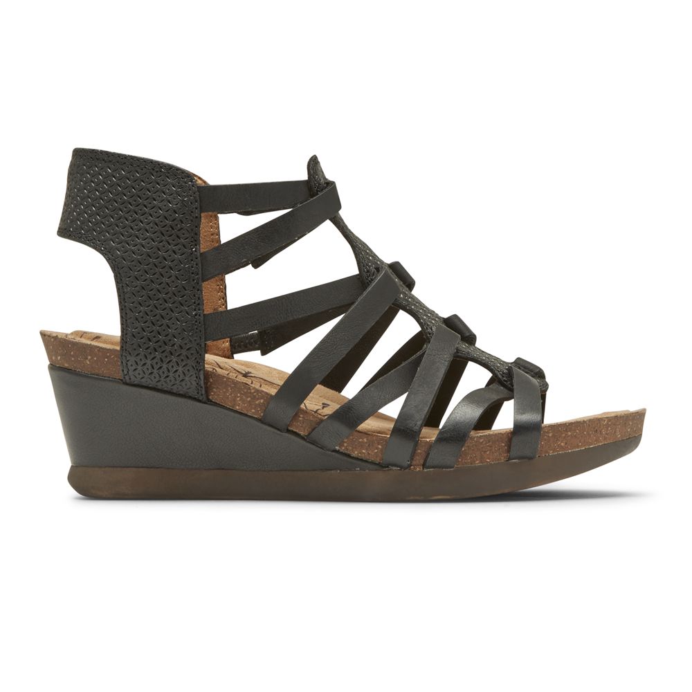 Rockport Cobb Hill Shona T-Strap - Womens Wedges Sandals - Black - NZ (UKF-958740)